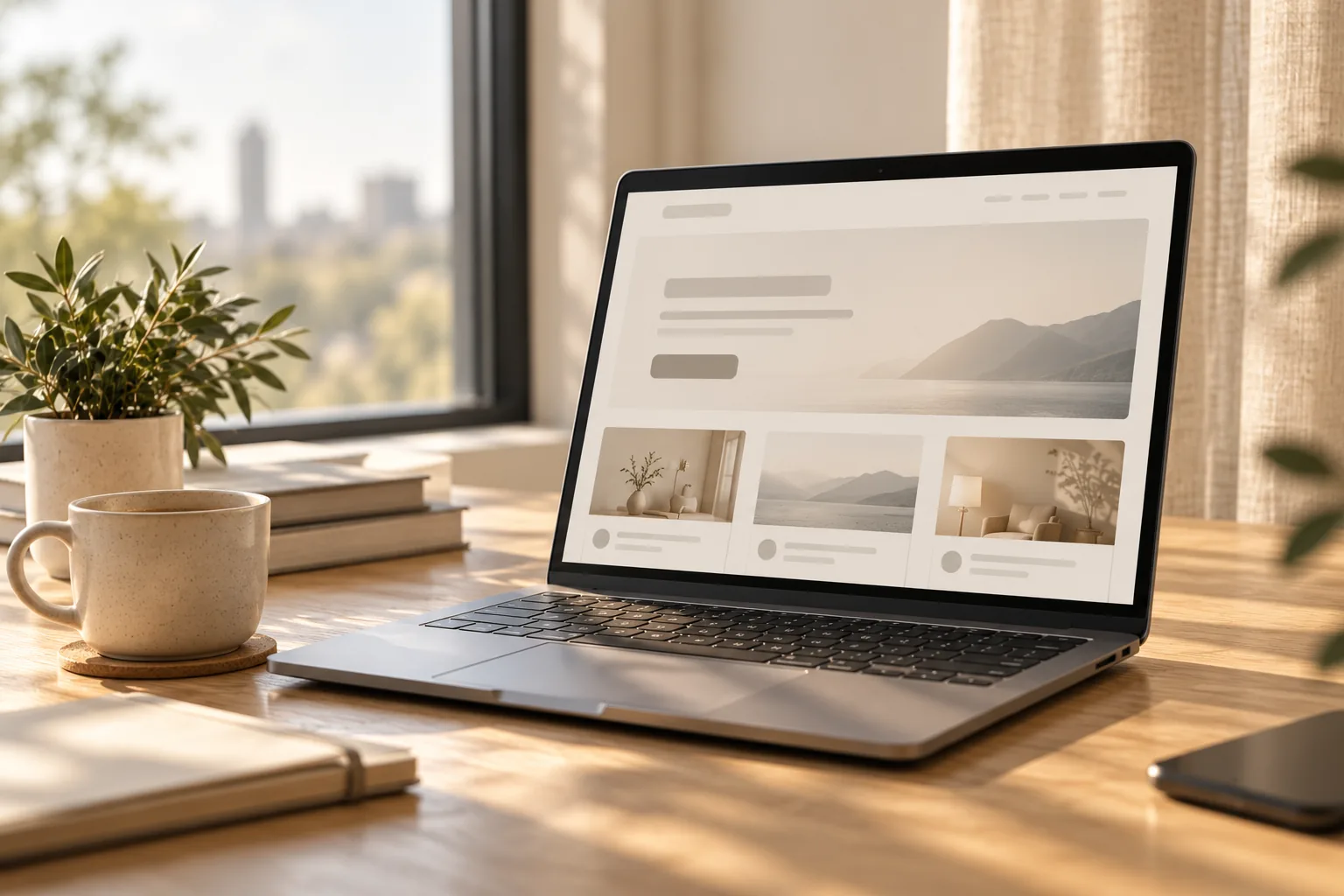 A laptop showing a website on a wooden table by the window, next to a cup, books and a plant.