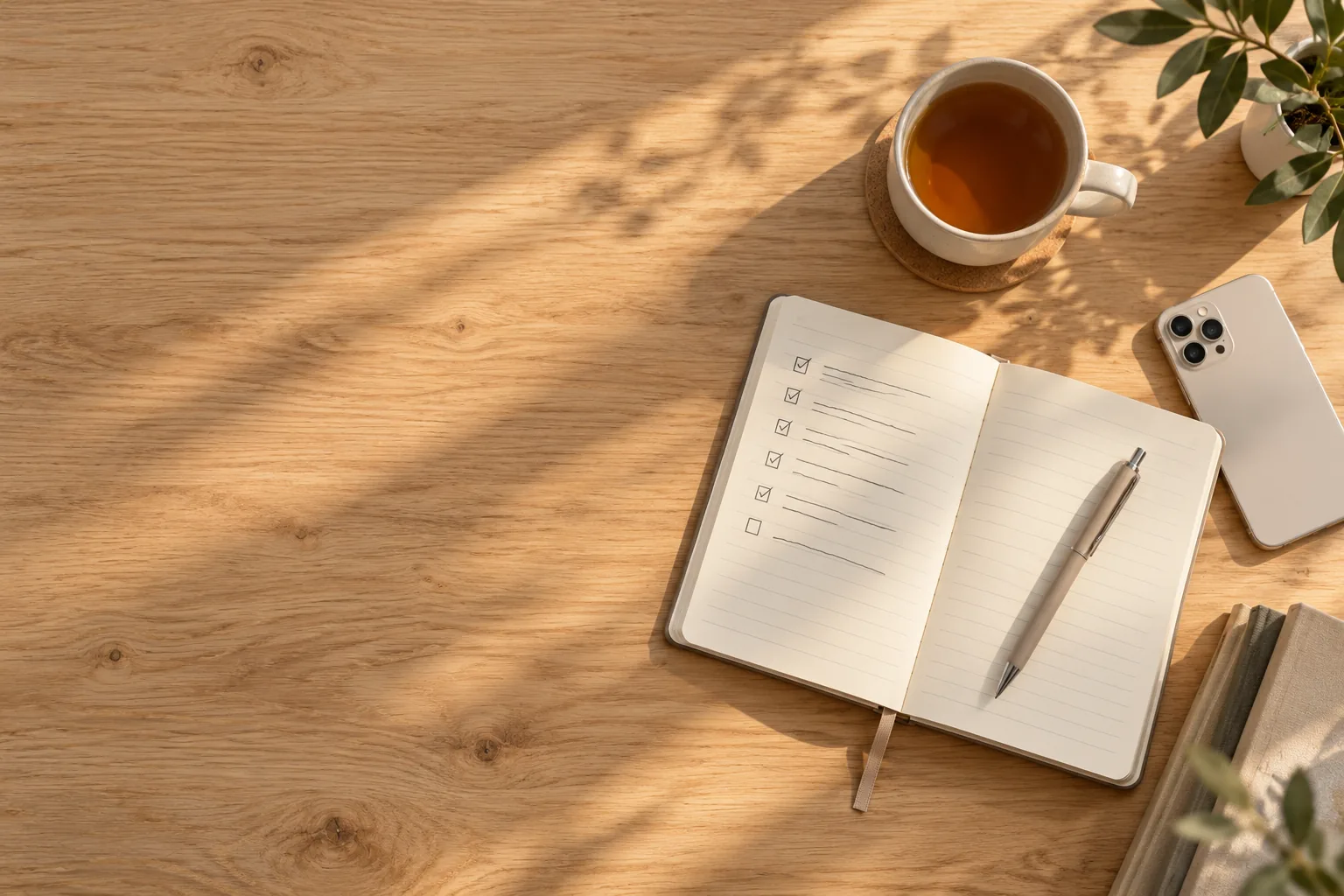 Top view of a wooden table: an open notebook with a to-do list and a pen, a cup of tea, a phone and books.
