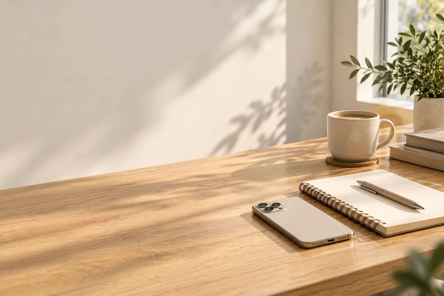 A light wall with leaf shadows and a wooden table: on the table are a phone, an open notebook with a pen, a cup of coffee and a plant by the window.